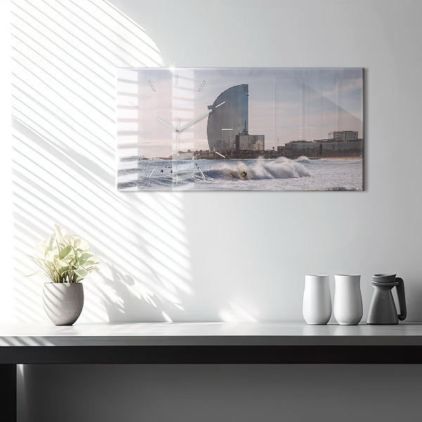 Glass wall clock rectangular Barcelona Surfer