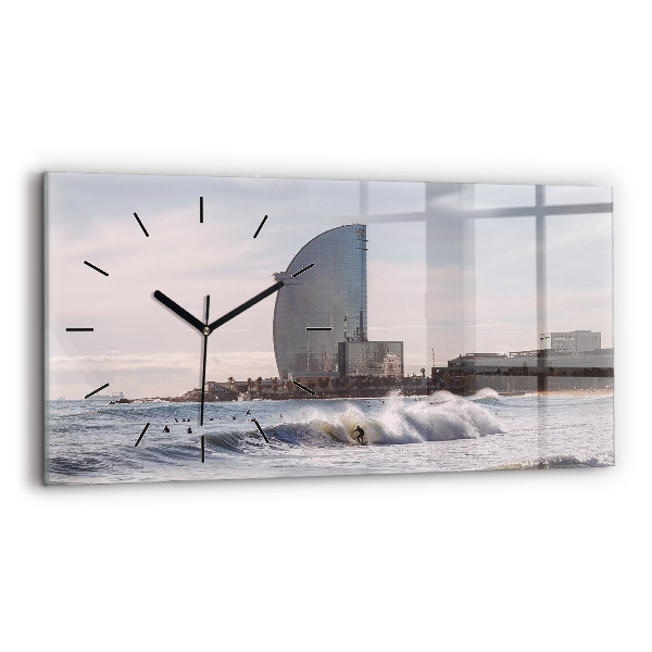 Glass wall clock rectangular Barcelona Surfer