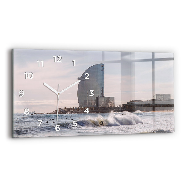 Glass wall clock rectangular Barcelona Surfer