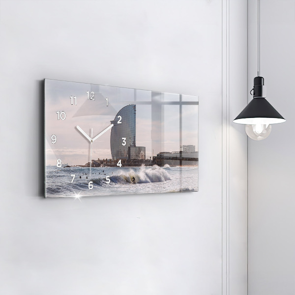 Glass wall clock rectangular Barcelona Surfer