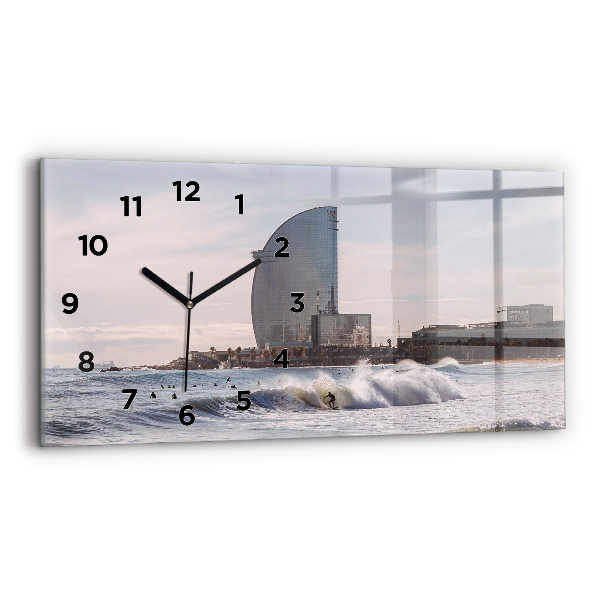 Glass wall clock rectangular Barcelona Surfer