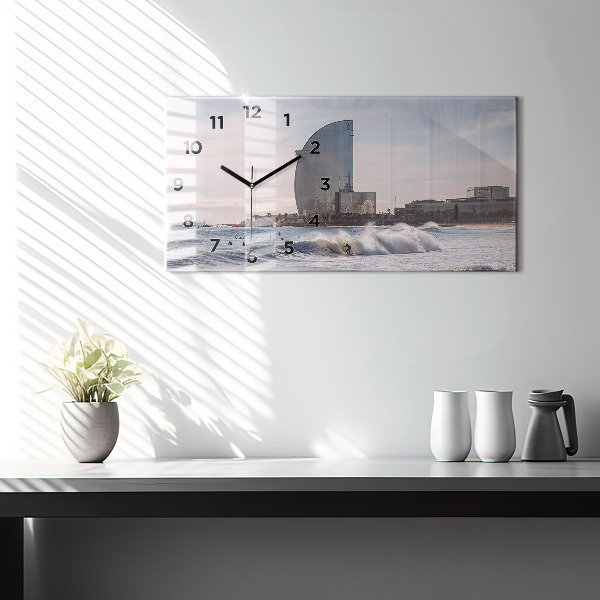 Glass wall clock rectangular Barcelona Surfer