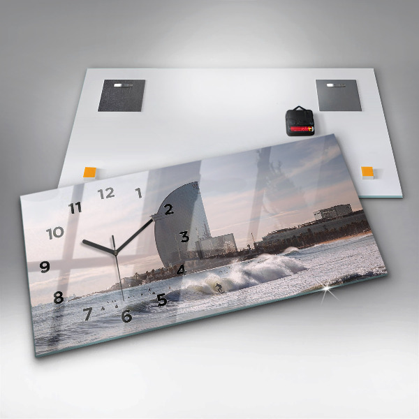 Glass wall clock rectangular Barcelona Surfer