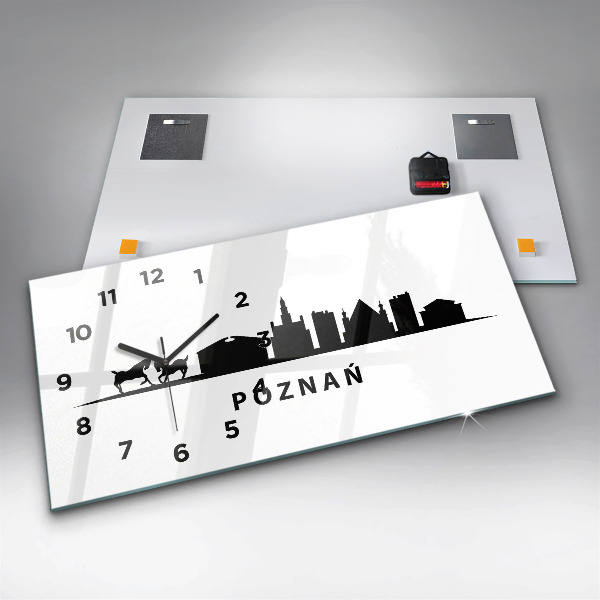 Glass wall clock rectangular Poznan panorama graphics