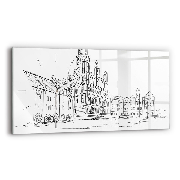 Glass wall clock rectangular Sketch of the old town of Poznań
