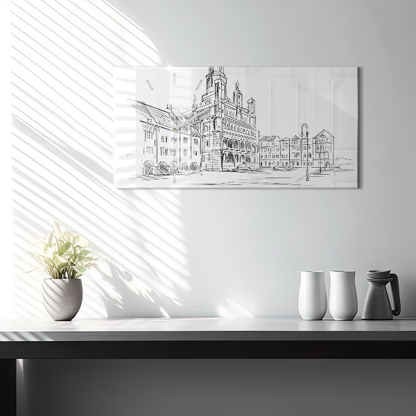 Glass wall clock rectangular Sketch of the old town of Poznań