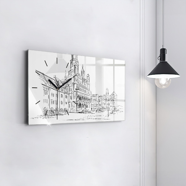 Glass wall clock rectangular Sketch of the old town of Poznań