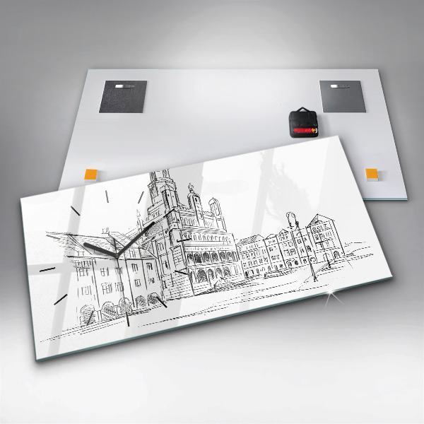 Glass wall clock rectangular Sketch of the old town of Poznań