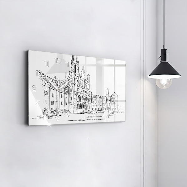 Glass wall clock rectangular Sketch of the old town of Poznań