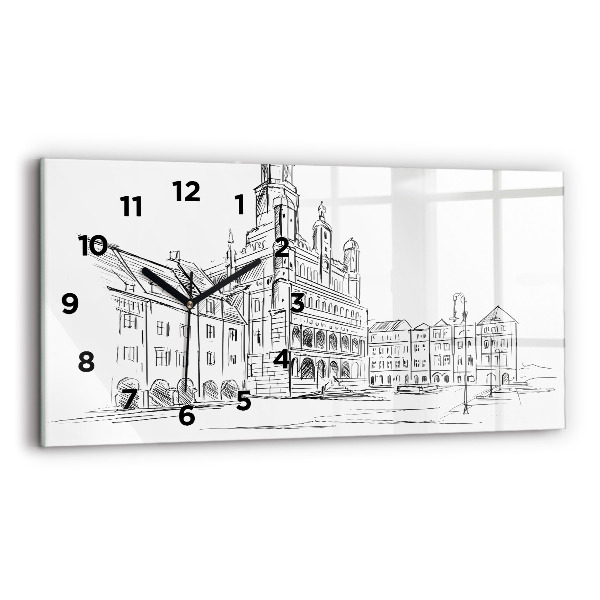 Glass wall clock rectangular Sketch of the old town of Poznań