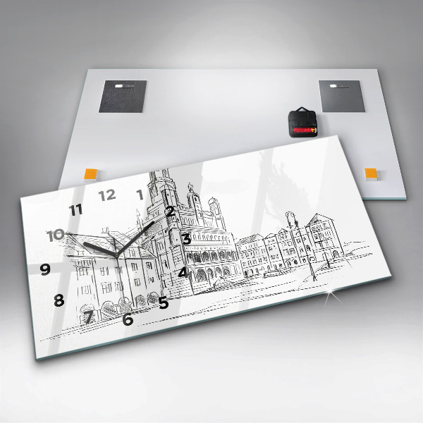 Glass wall clock rectangular Sketch of the old town of Poznań