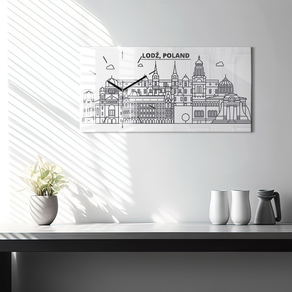 Glass wall clock rectangular Lodz architecture panorama