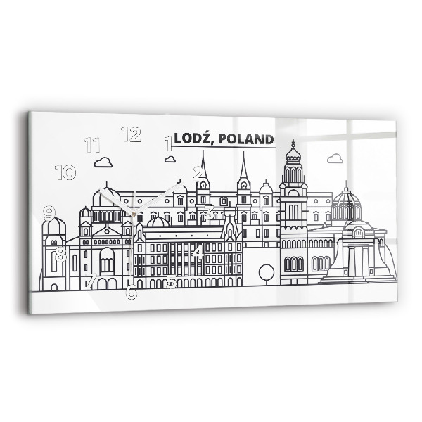 Glass wall clock rectangular Lodz architecture panorama