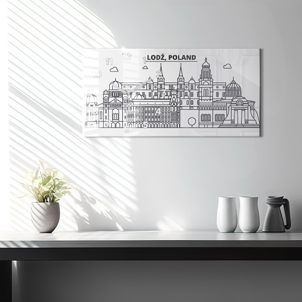 Glass wall clock rectangular Lodz architecture panorama