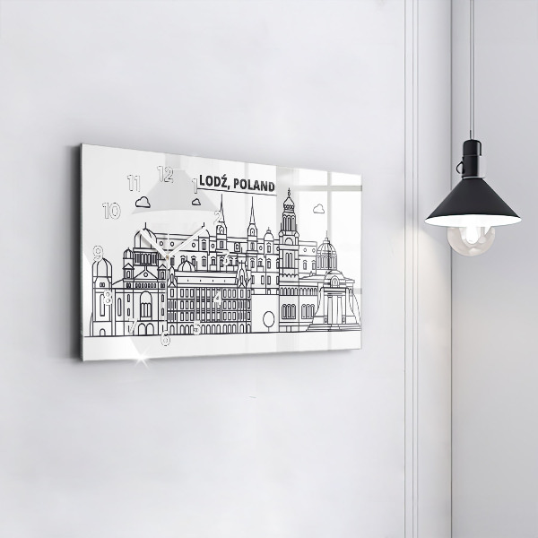 Glass wall clock rectangular Lodz architecture panorama
