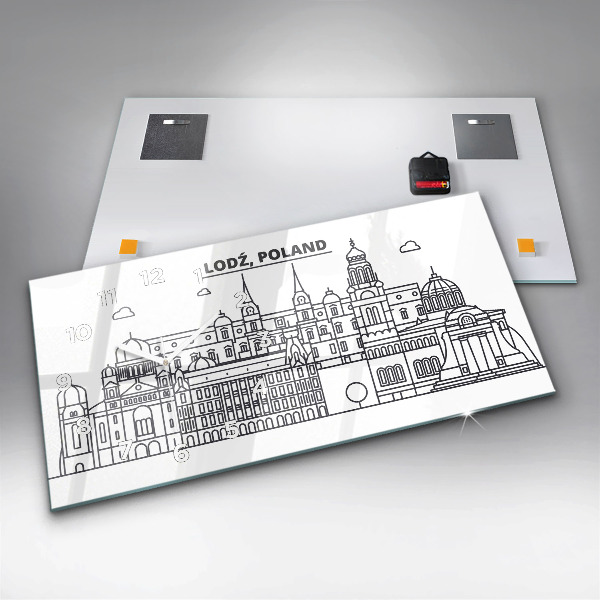 Glass wall clock rectangular Lodz architecture panorama