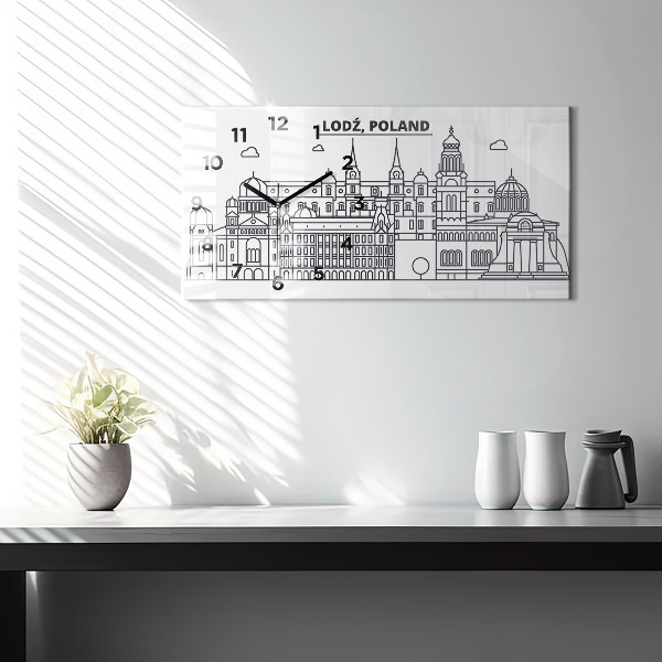 Glass wall clock rectangular Lodz architecture panorama