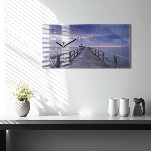Glass wall clock rectangular Pier on the Baltic Sea