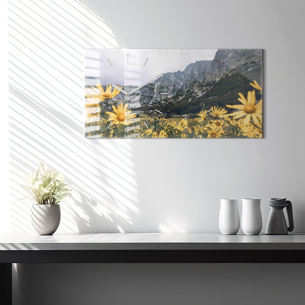 Glass wall clock rectangular Meadow flowers in the mountains