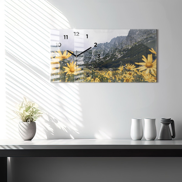 Glass wall clock rectangular Meadow flowers in the mountains