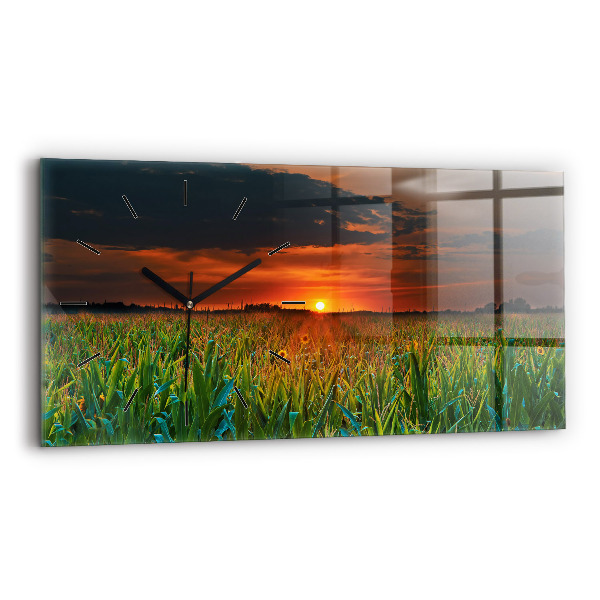 Glass wall clock rectangular Sunflowers in the meadow