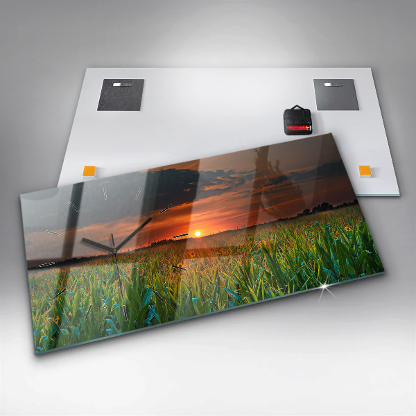 Glass wall clock rectangular Sunflowers in the meadow