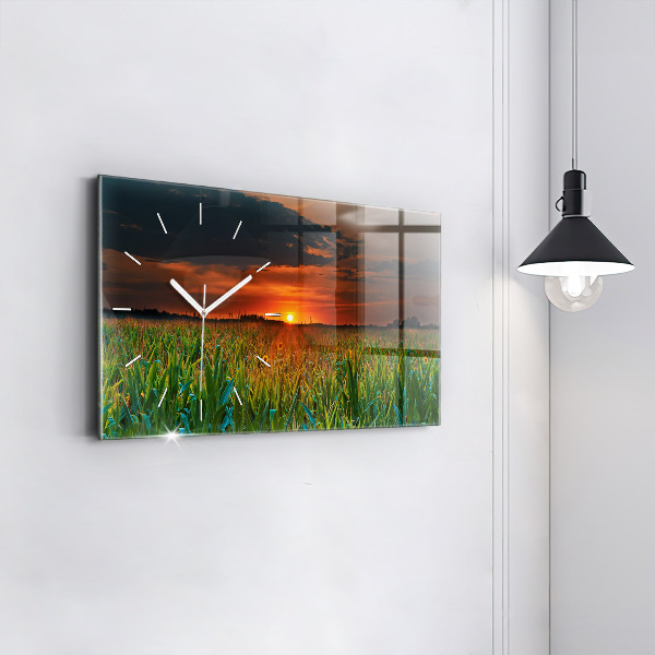 Glass wall clock rectangular Sunflowers in the meadow