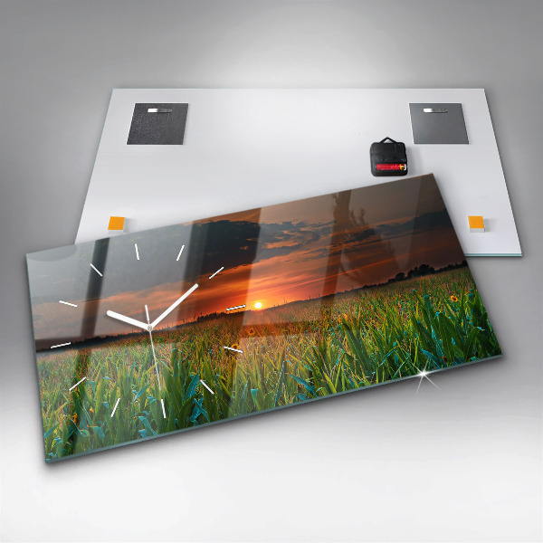 Glass wall clock rectangular Sunflowers in the meadow
