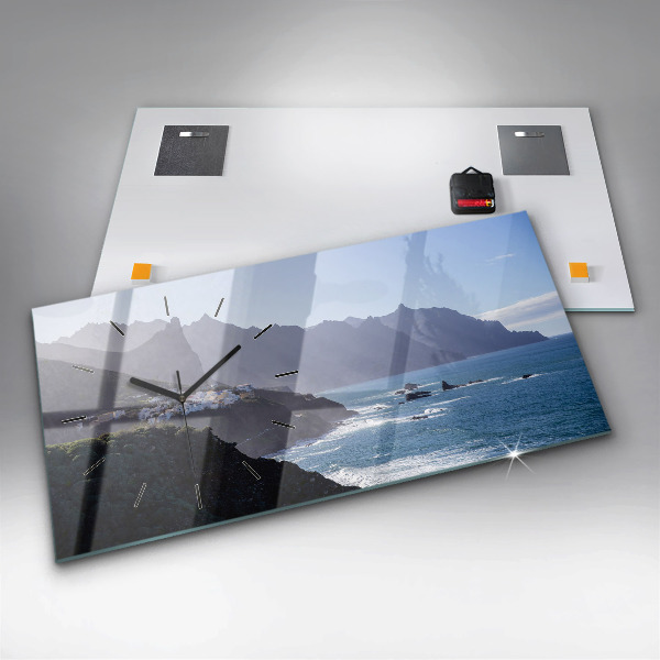 Glass wall clock rectangular Mountains by the ocean