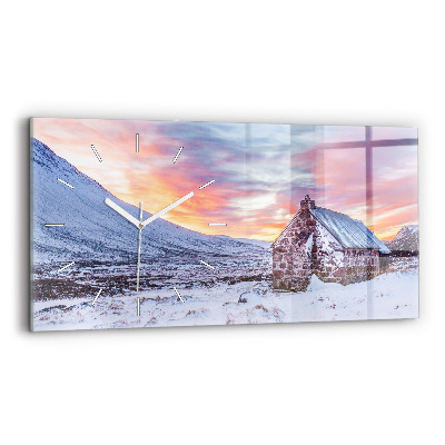 Glass wall clock rectangular Cottage in the mountains