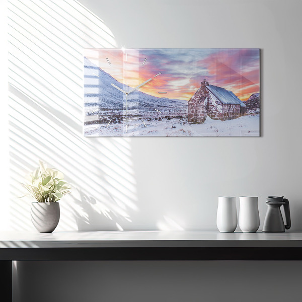 Glass wall clock rectangular Cottage in the mountains
