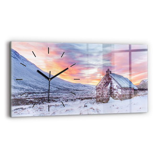Glass wall clock rectangular Cottage in the mountains