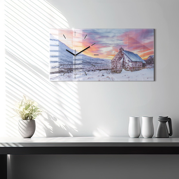 Glass wall clock rectangular Cottage in the mountains