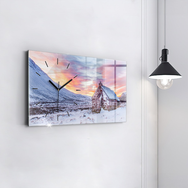 Glass wall clock rectangular Cottage in the mountains