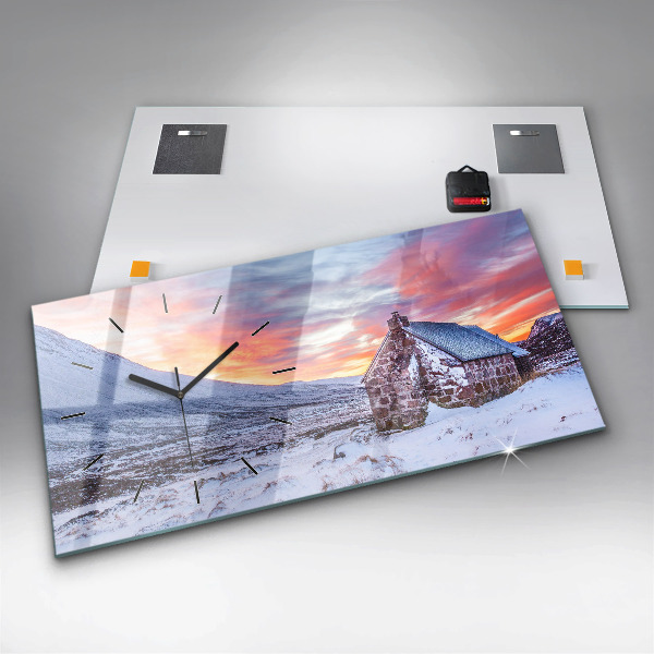 Glass wall clock rectangular Cottage in the mountains