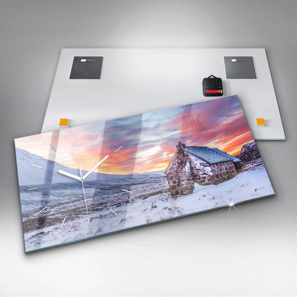 Glass wall clock rectangular Cottage in the mountains