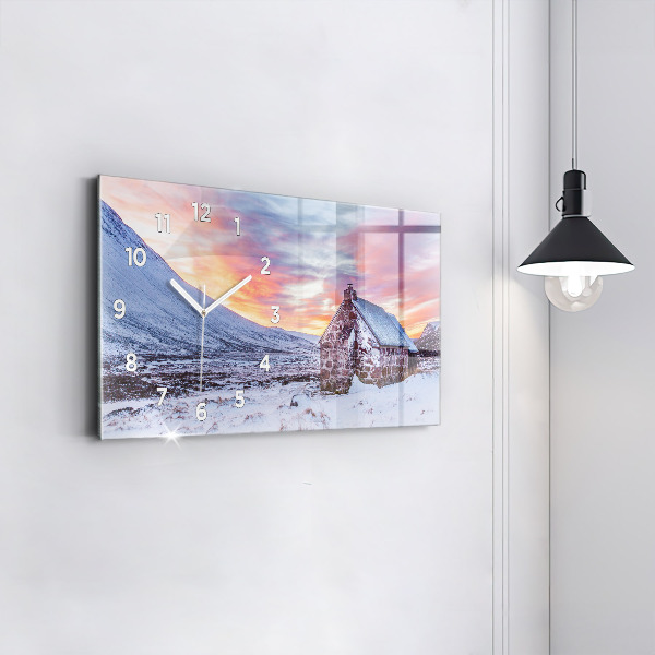 Glass wall clock rectangular Cottage in the mountains