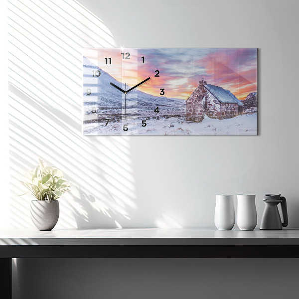 Glass wall clock rectangular Cottage in the mountains