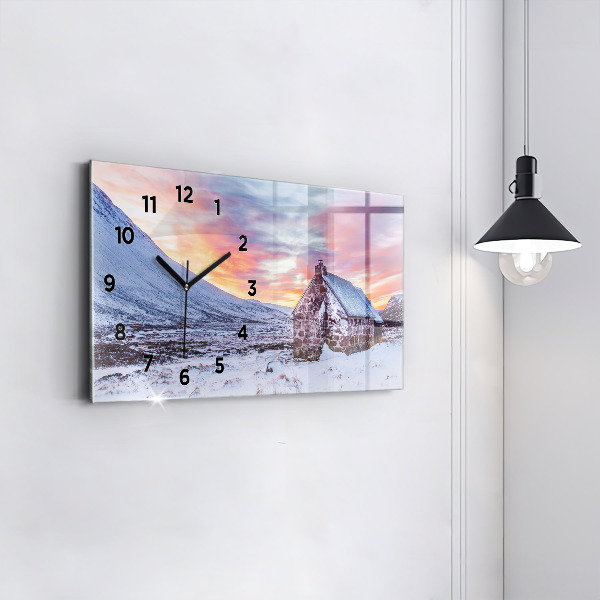 Glass wall clock rectangular Cottage in the mountains