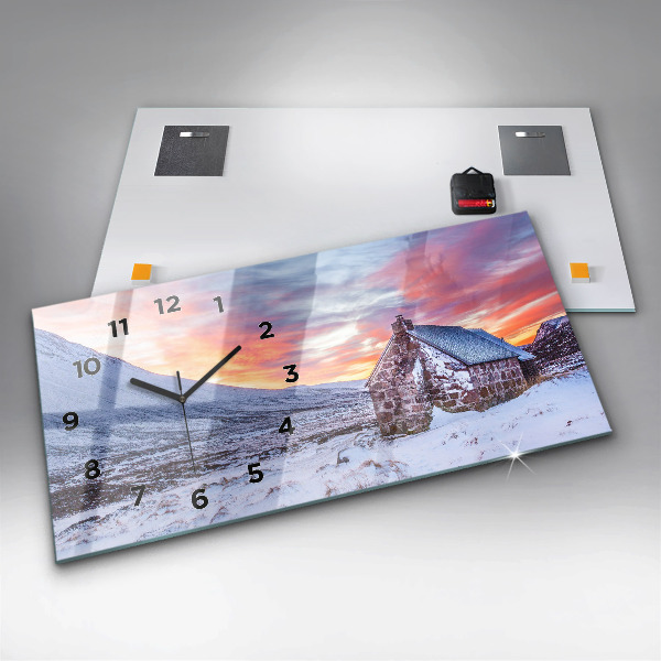 Glass wall clock rectangular Cottage in the mountains