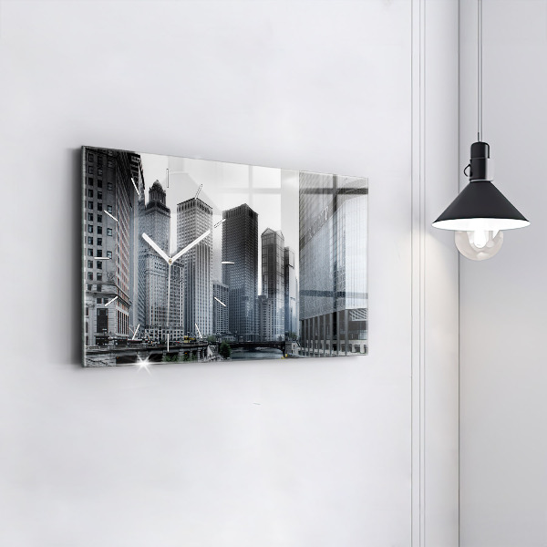 Glass wall clock rectangular Lodz with a panorama of the city