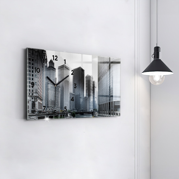 Glass wall clock rectangular Lodz with a panorama of the city