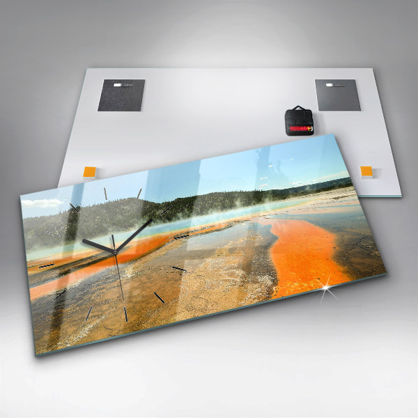 Glass wall clock rectangular Lake with Mountains