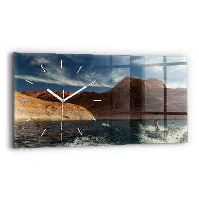 Glass wall clock rectangular Person on water skis