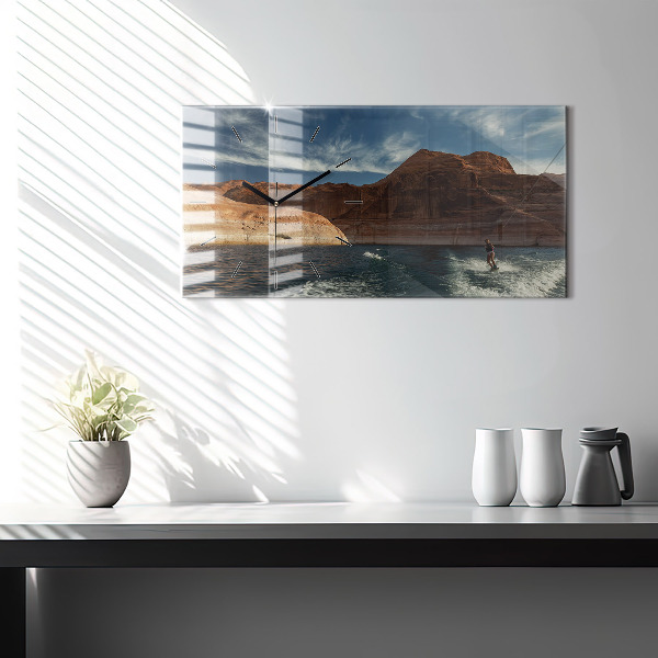 Glass wall clock rectangular Person on water skis