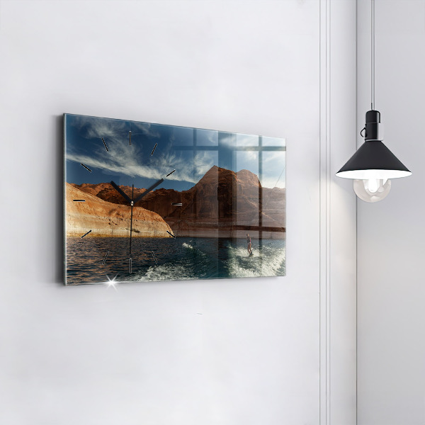 Glass wall clock rectangular Person on water skis