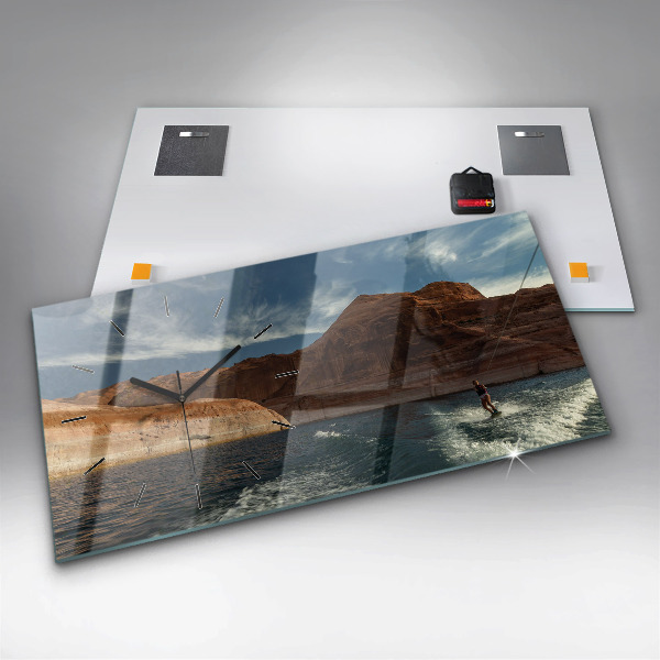 Glass wall clock rectangular Person on water skis