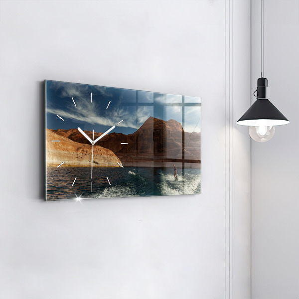 Glass wall clock rectangular Person on water skis