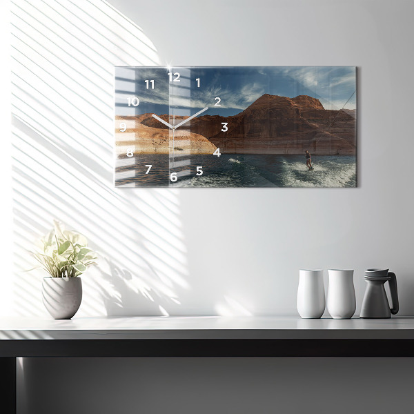 Glass wall clock rectangular Person on water skis