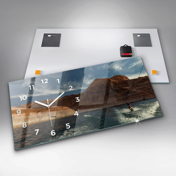 Glass wall clock rectangular Person on water skis